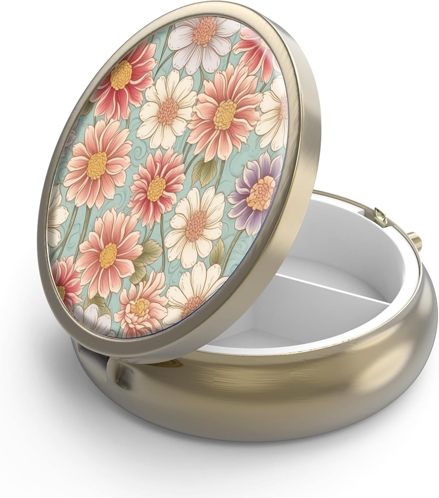 Pill Case Pill Box met Mirror Retro 3 Compartiment Kleine pil Organisator voor Portemonnee of Pocket Bronze Small Roud Pillen Box of Vitaminen, Visolie, Supplementen, Pill Bevat reizen Gifts( Retro Floral)