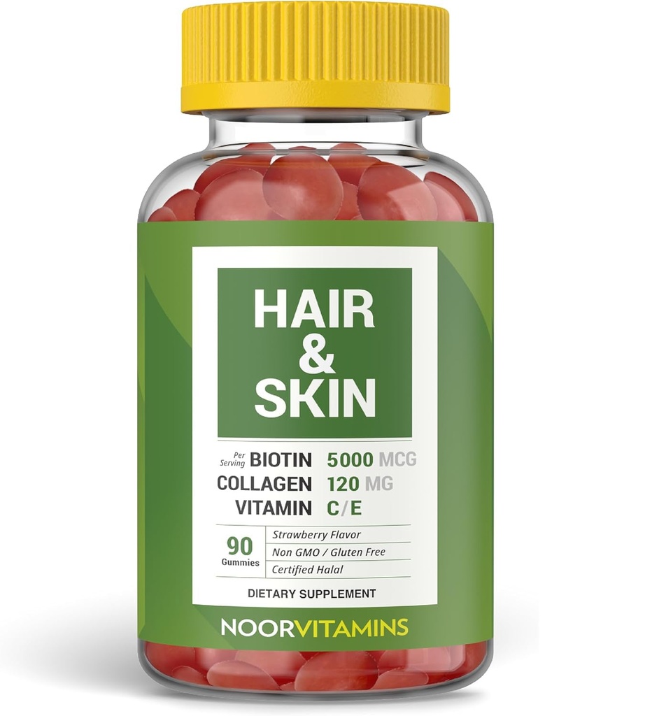 Noor Vitaminen Halal Haarvitaminen Biotine, Collageen, Silica, Vitamine C & E Ondersteunt Haar, Huid & Nagel Gezondheid; Natuurlijke Aardbei Gummy Vitaminen. GGO, Glutenvrij en een gecertificeerd halal vitamine (90 telling)