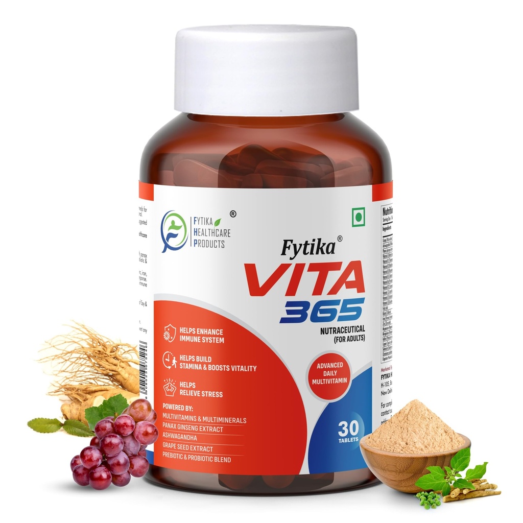 Fytika Vita 365-30 tablets (Pack of 1) | Multivitamin For Men and Women | With Ashwagandha, Ginseng, Probiotics & Prebiotics and Biotin| Enhances Energy, Immunity and Digestion