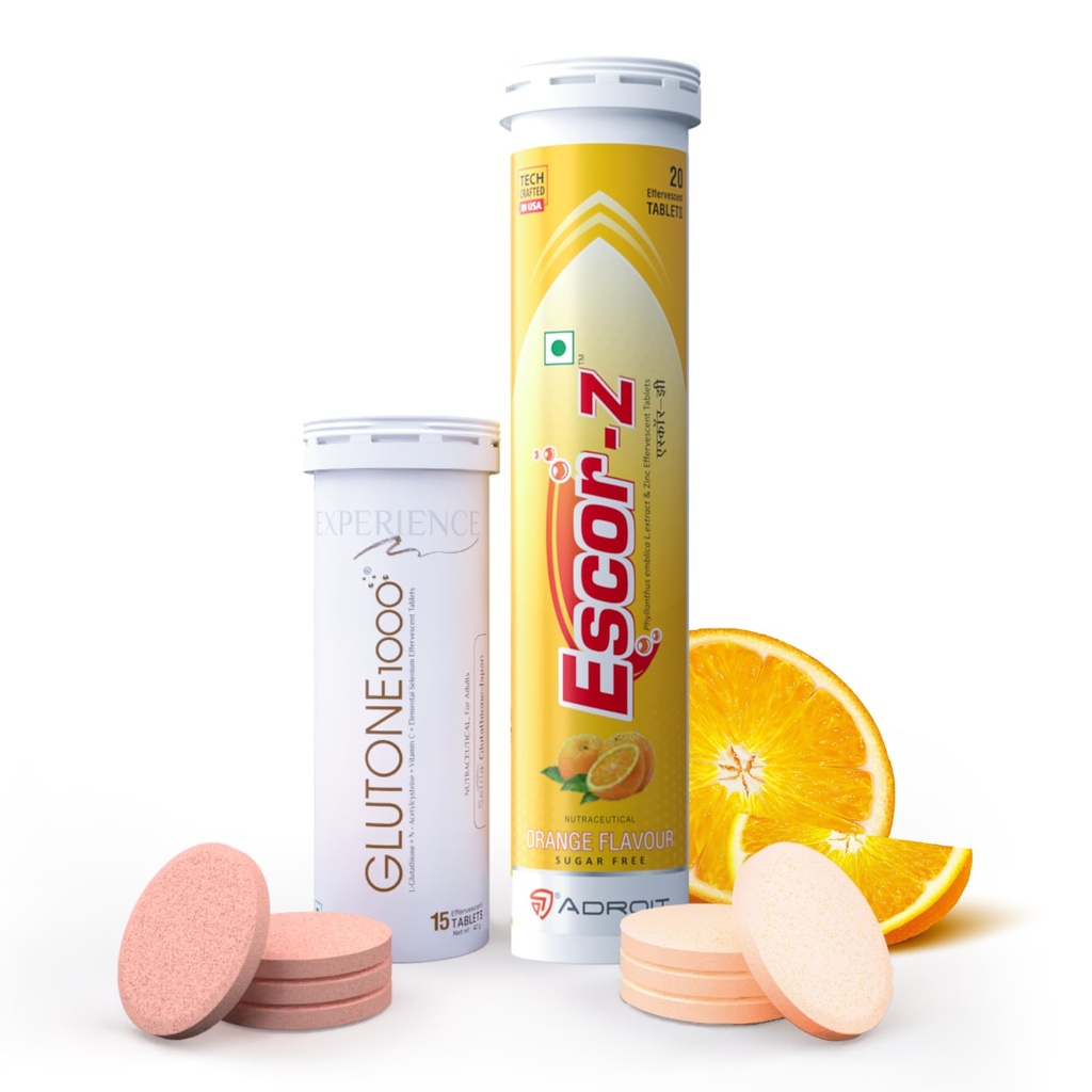 Glutone 1000 & Escor-Z Combo Pack| Setria L-Glutathione, Vitamin C Effervescent Tablets| Healthy Skin| Pack of 15 (1) + 20 (1) Tablets (Orange Flavour)