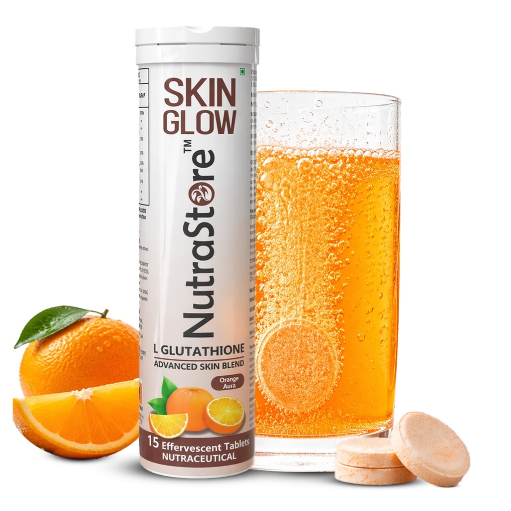 NutraStore Skin Glow | L Glutathione Effervescent Tablets | With Vitamin C, Hyaluronic Acid, Biotin, Astaxanthin & Zinc | Advanced Antioxidant Skin Blend | Orange Aura Flavor | 15 Tablets