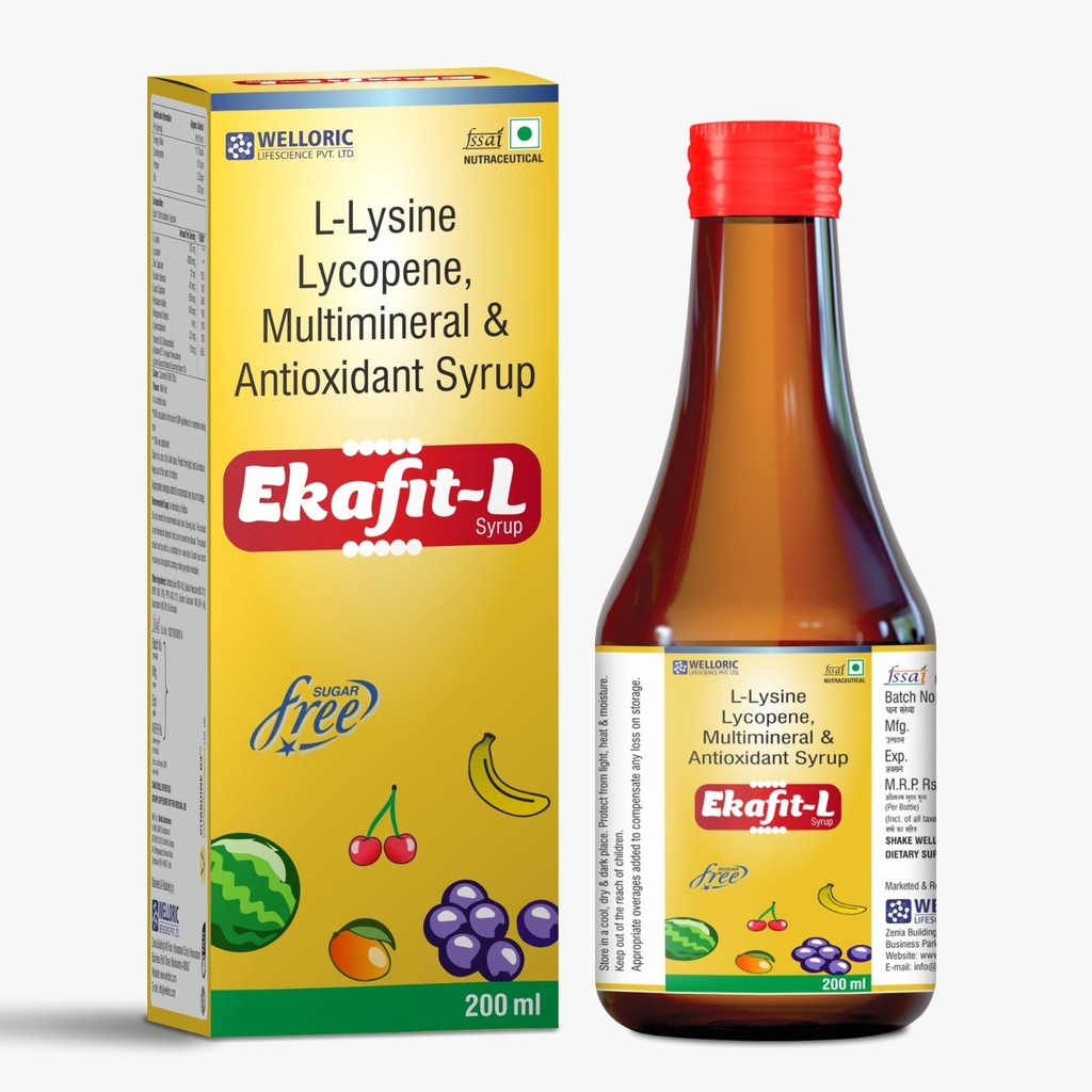 Welloric Ekafit-L L-Lysine, Lycopene, Multimineral & Antioxidant Syrup (200 ml) | Sugar-Free Daily Health Supplement with Vitamin D3 | Helps Gain Weight, Boosts Appetite & Growth | Mix Fruit Flavou
