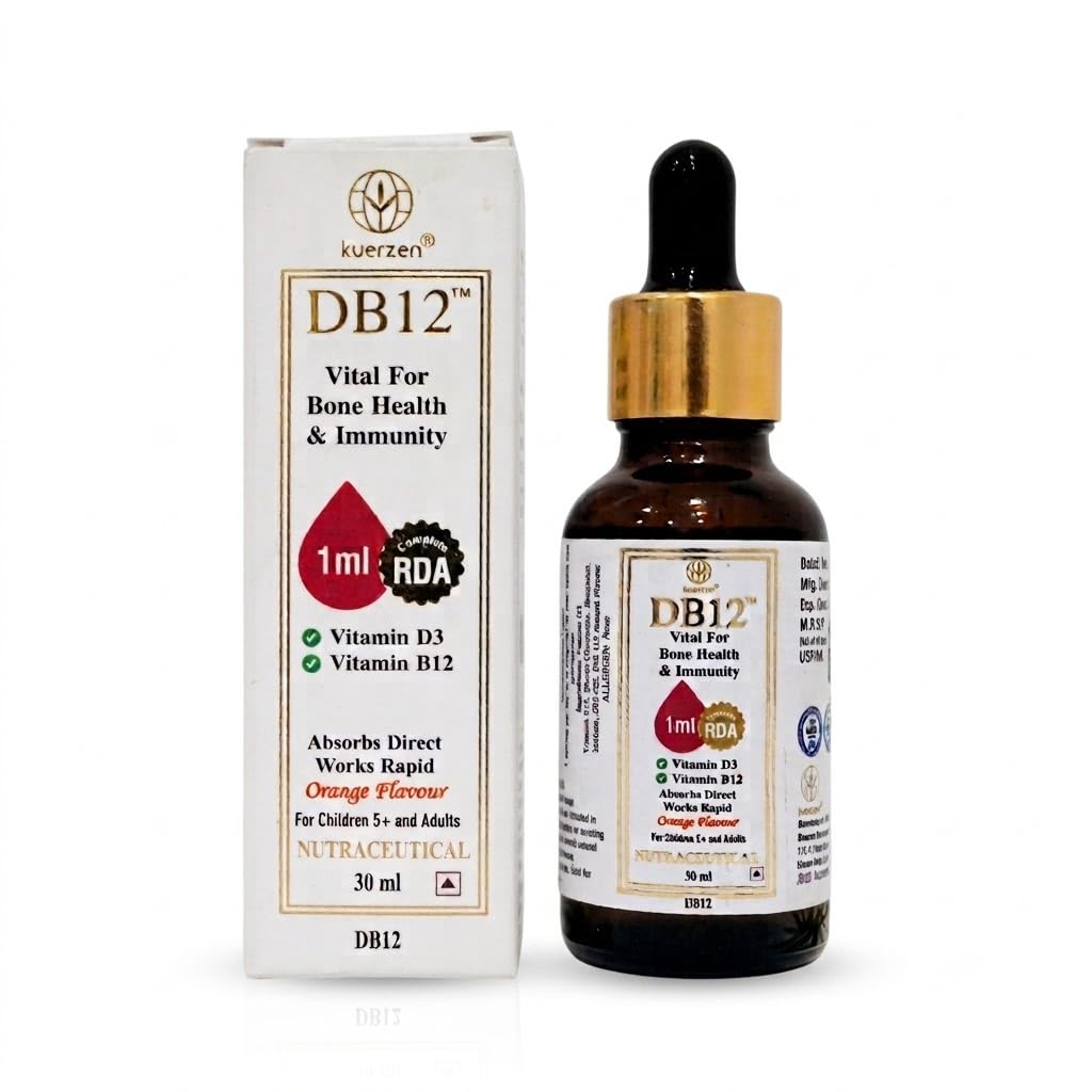 DB12 Vitamin D3 + Vitamin B12 Sublingual Liquid Drops | Sugar Free Daily Vitamins | Bone, Energy, Nerve & Immune Support | Vitamin B12 Deficiency Supplement | Orange Flavour | 30ml