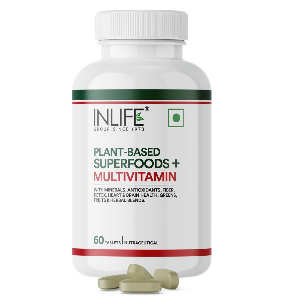 INLIFE Plant Based Multivitamin Supplement, B12 D3 Superfoods, 60 Tablets