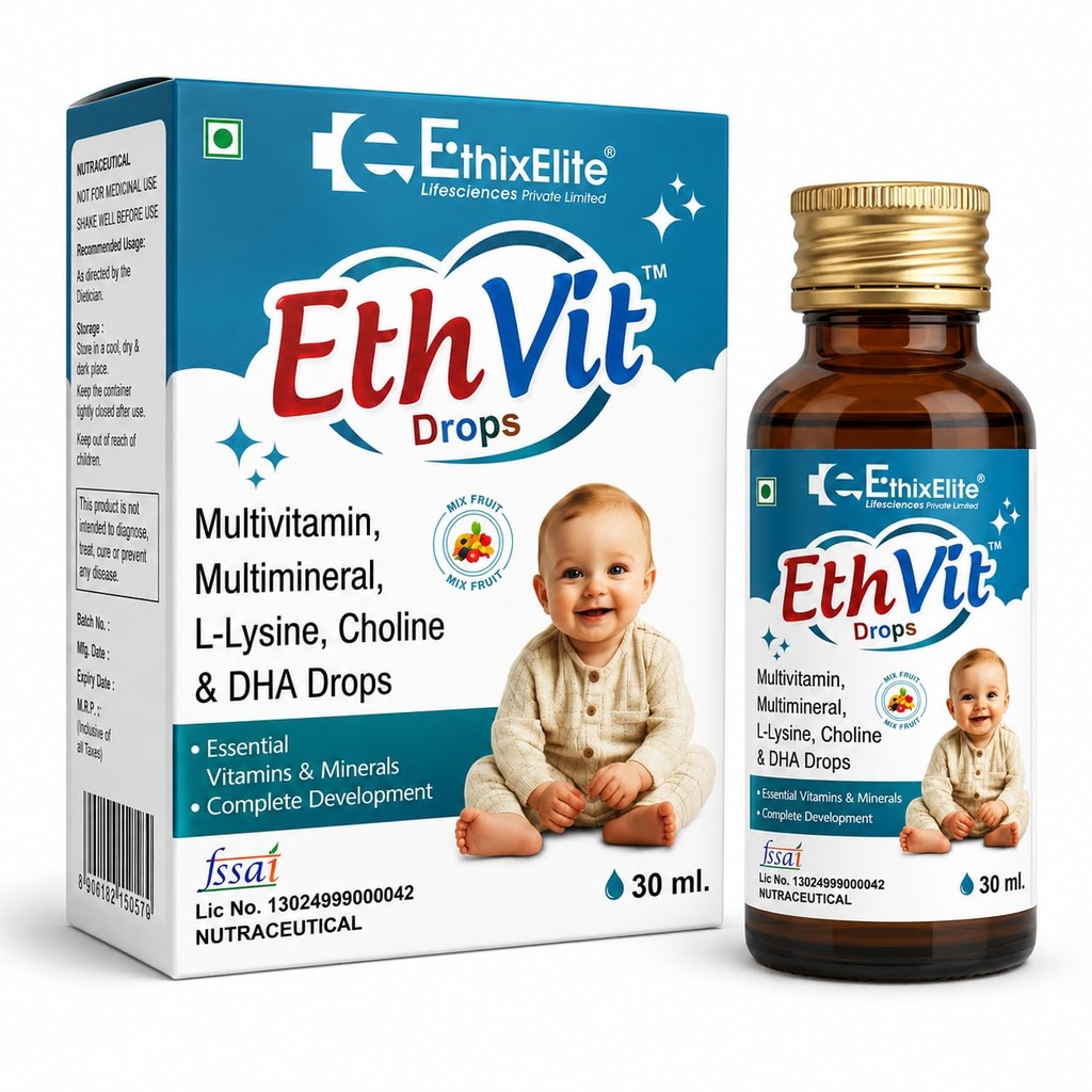 EthVit Kids Multivitamin Drops 30 ml | Multivitamin Multimineral L-Lysine Choline & DHA Drops | Mix Fruit Flavour | Nutraceutical Dietary Supplement