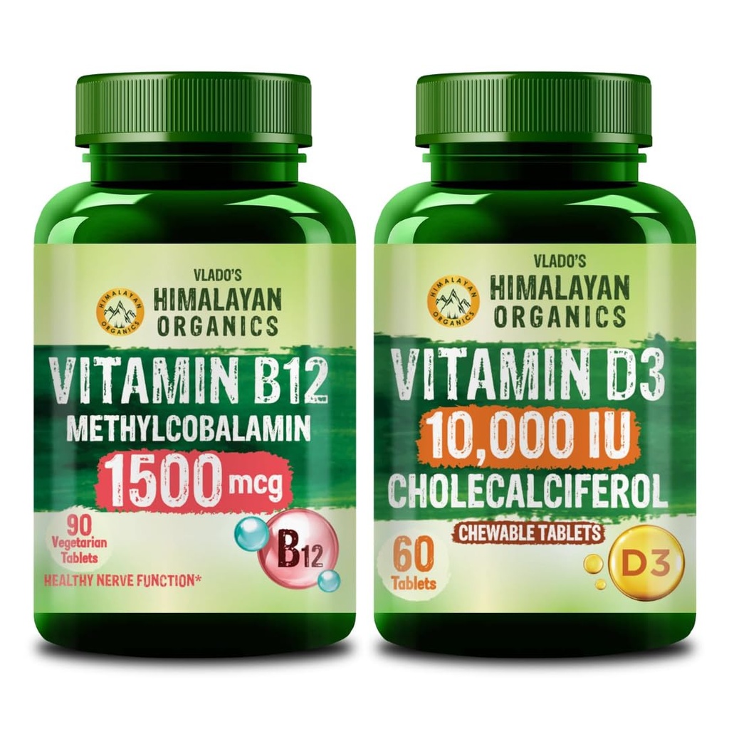 Vlado's Himalayan Organics Methylcobalamin Vitamin B12 1500mcg 90 Tablets+ Vitamin D3 10000IU - Chewable Vitamin D Tablets 60 Tablets