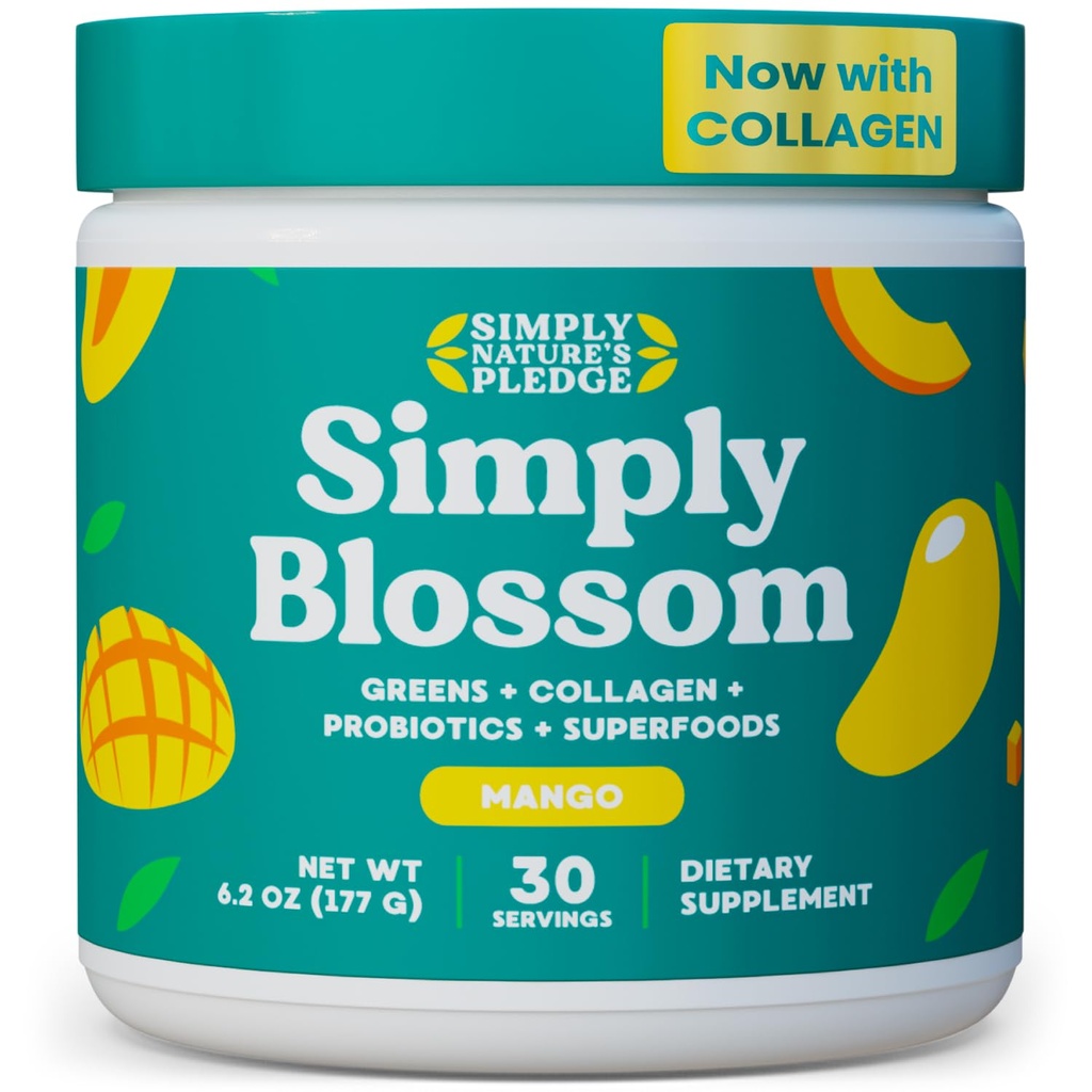Gewoon Blossom Nutrition Daily Greens & Superfood Powder + Collageen + Probiotica voor vrouwen Digestieve Gezondheid & Bloating Relief. Help uw gezondheid Bloom - 30 dagen levering - Mango