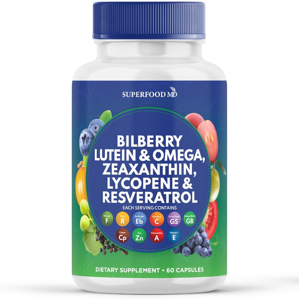 Superfood MD Santé des yeux Vitamines avec Lutéine de Bilberry et Zeaxanthin Resvératrol Lycopène Extrait de graines de raisin Astaxanthin- AREDS 2 - Vitamine des yeux - 60 capsules