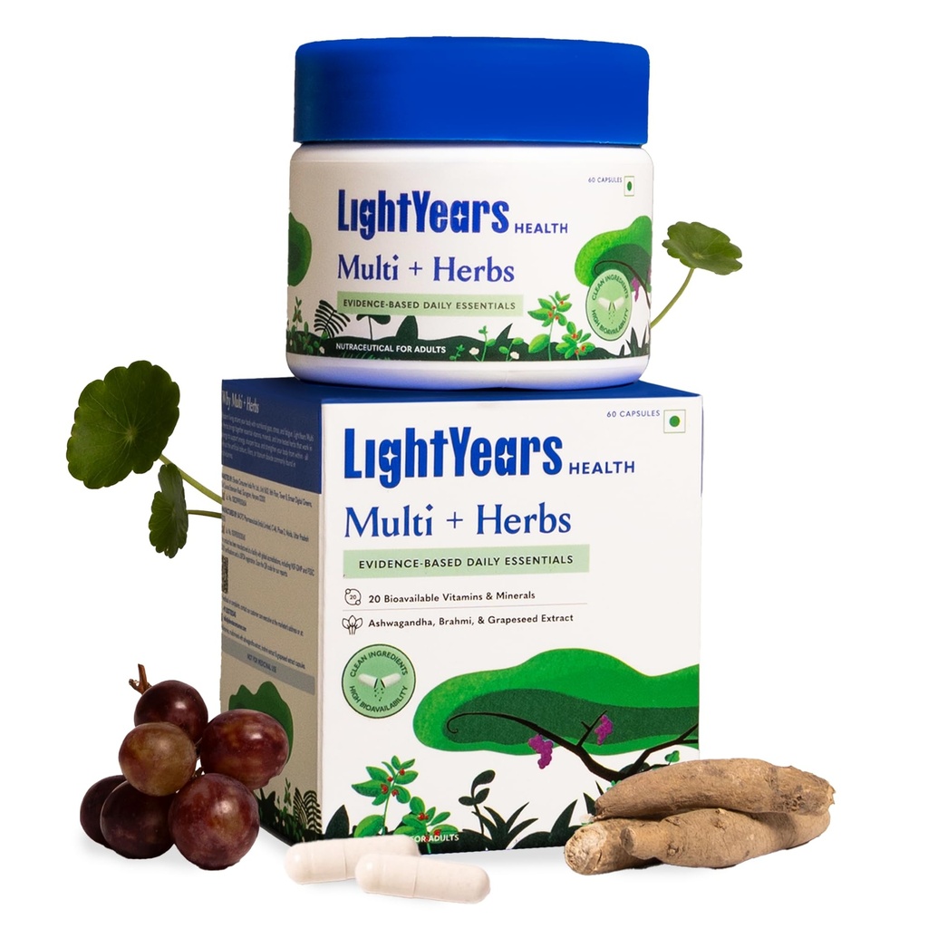 LightYears Multi + Herbs | Vitamins, Minerals & Herbs | Boosts Energy, Supports Immunity & Memory | Supports Bone & Joint Health | No Titanium Dioxide | 60 Capsules