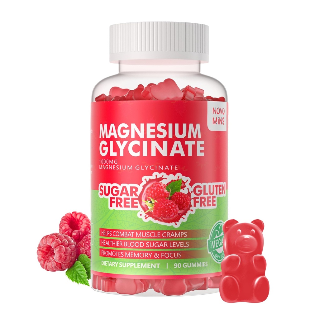 90 CT Glycinat de magnésium Gommies 1000mg - Supplément de potassium de magnésium sans sucre avec la vitamine D, B6, CoQ10 pour calme d'humeur et de sommeil - 90 Gommies de framboise
