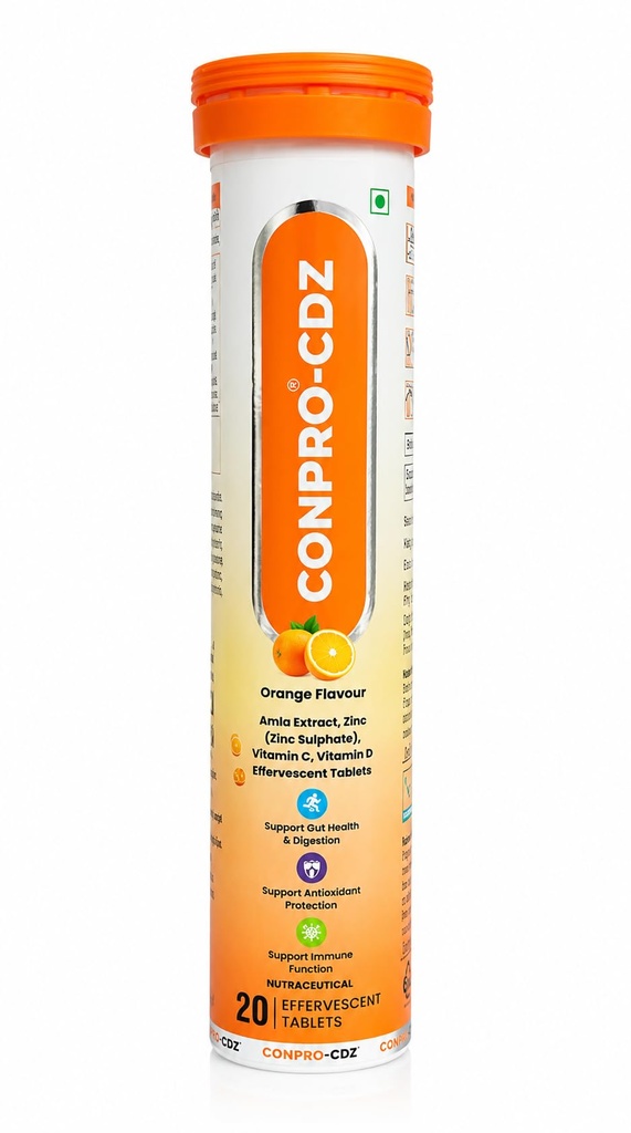 CDZ Orange Flavour Effervescent Tablets | Amla Extract, Zinc (Zinc Sulphate), Vitamin C & Vitamin D | Immune Support, Antioxidant Protection & Digestive Health | 20 Effervescent Tablets