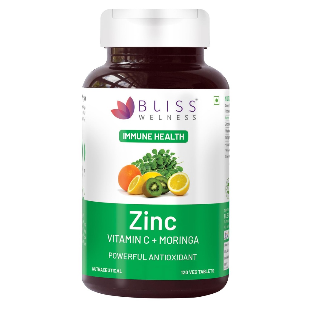 Bliss Welness Immunity Booster Skin Glow | Vitamin C + Zinc Citrate + Moringa Extract | Immune Boost Antioxidant Supplement - 120 Veg Tablets