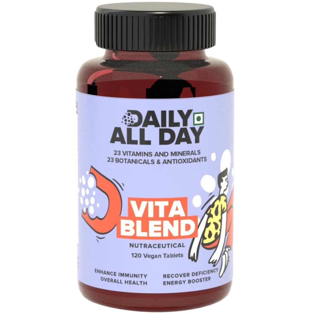 Vita Blend Ayurvedic Multivitamin Tablets, 46-in-1 with Omega 3-6-9, Vitamin B12, D3, K2, Zinc, Iron, Botanicals, Ashwagandha, Brahmi, Tulsi, Giloy, Moringa, Immunity, Energy & Stamina,120 Tablets