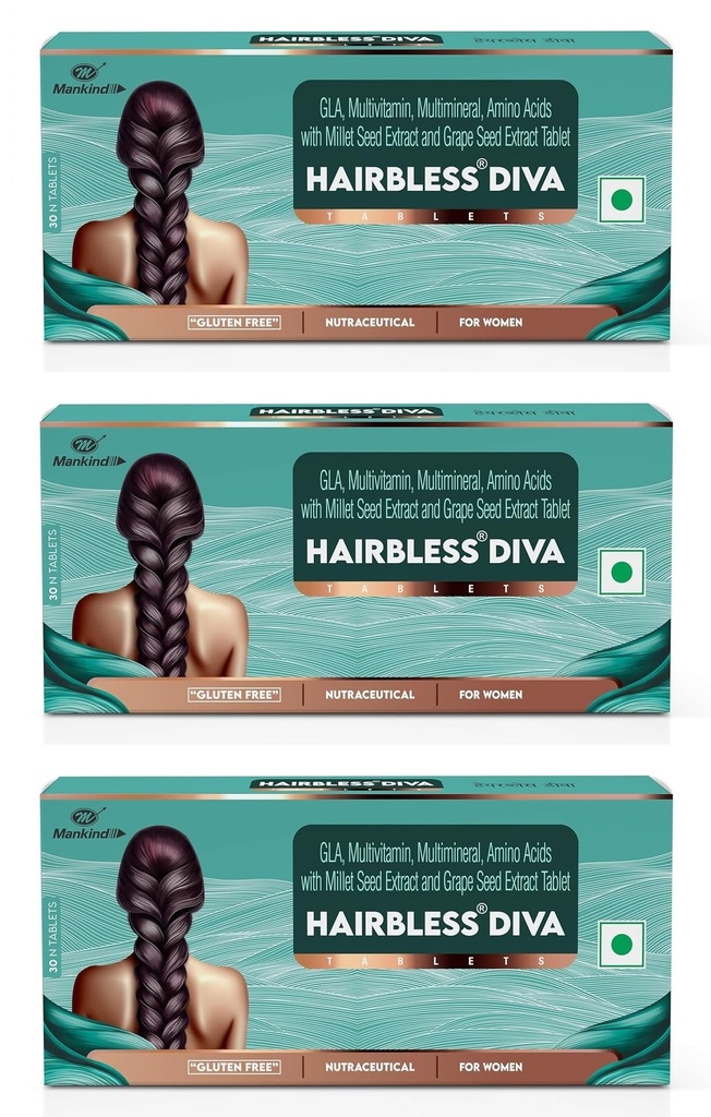 Mankind Hairbless Diva Tablets for Women's Hair Health, 30 Tabs (Pack of 3)