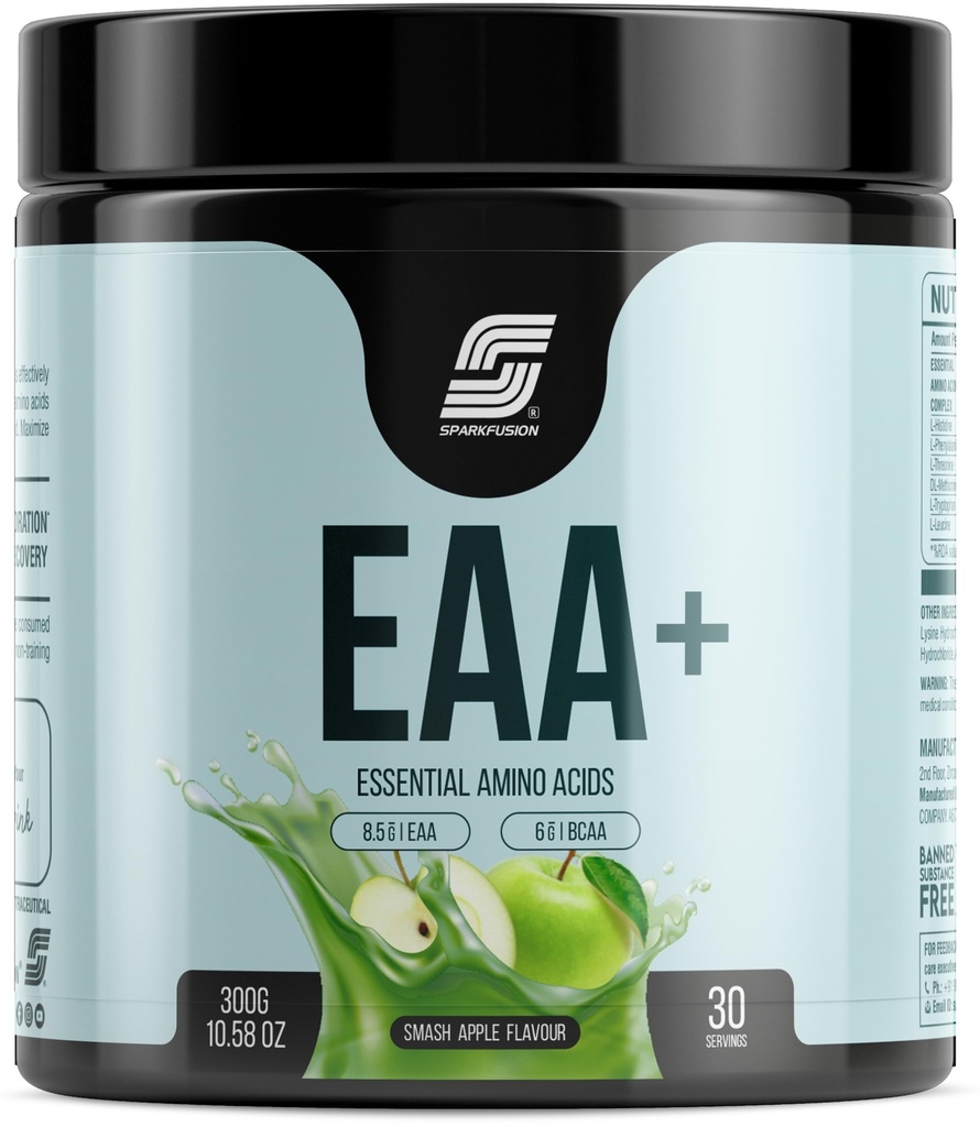 Sparkfusion 8500 mg Eaa+ & 6000mg Bcaa (300 gm) Essential Amino Acids | Pre/Intra Workout and Muscle Growth & Recovery | All 9 Essential Amino Acid EAA Powder (Smash Apple)