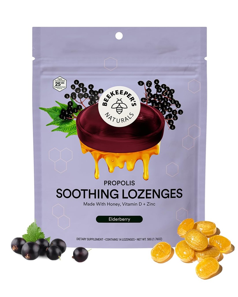 Beekeeper's Naturals Soothing Honing Vlierbes Cough Drops Immune Ondersteuning met Vitamine D, Zink en Propolis Throat Soothing Lozenges, 14 Ct