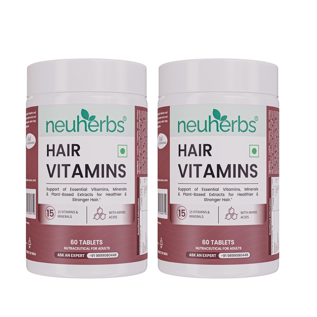 Neuherbs Hair Vitamins Tablets for Men & Women | Supports Hair Growth, Hair Fall Control & Stronger Hair | With Keratin Booster, Amino Acids, Amla & Hibiscus | 60 Tablets (Pack of 2)