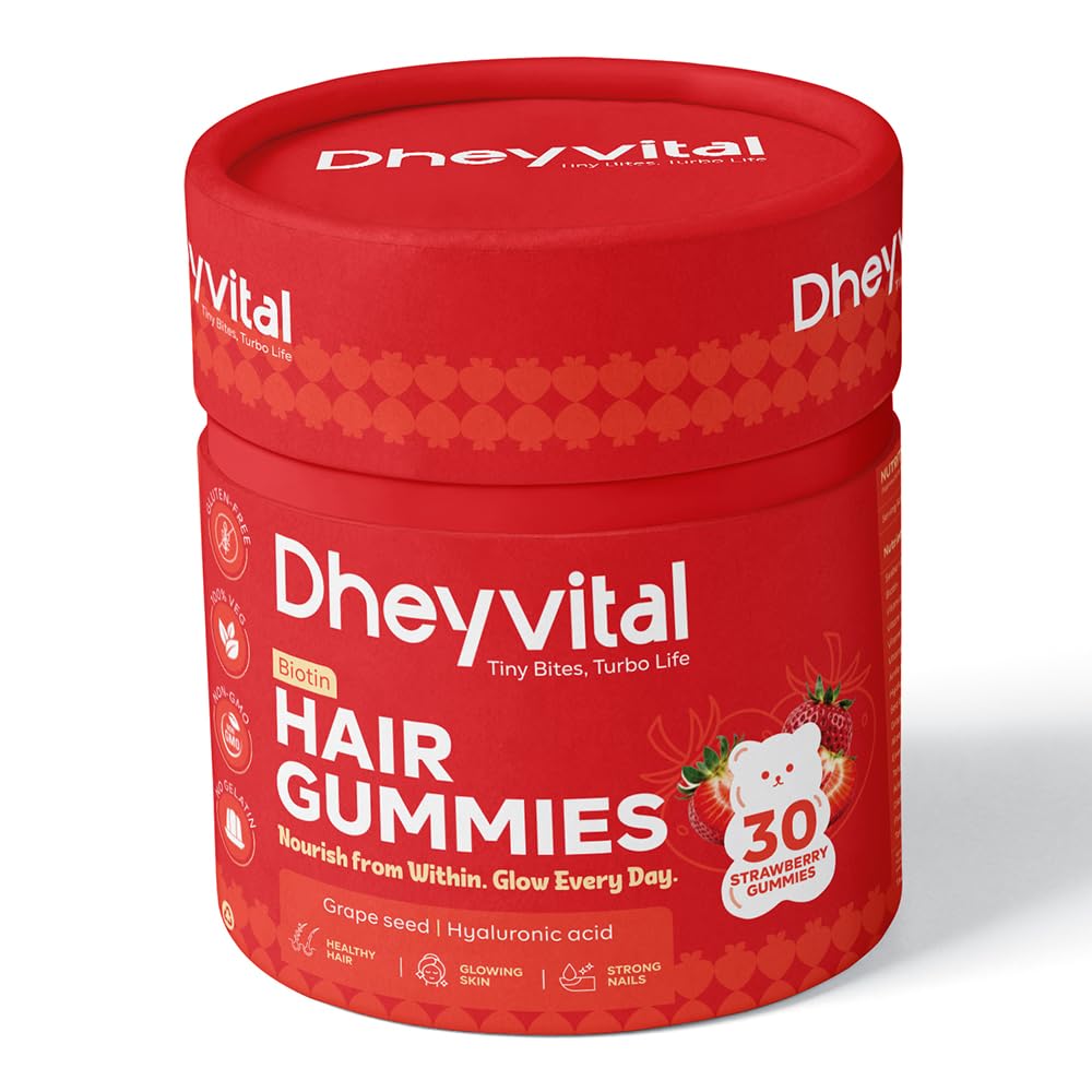 Hair Gummies with Biotin, Zinc & Folic Acid, Vitamins A-E, C & D,100% Veg, Gluten-Free, Supports Hair Growth, Strength & Shine, Natural Strawberry Flavor, 30 Gummies