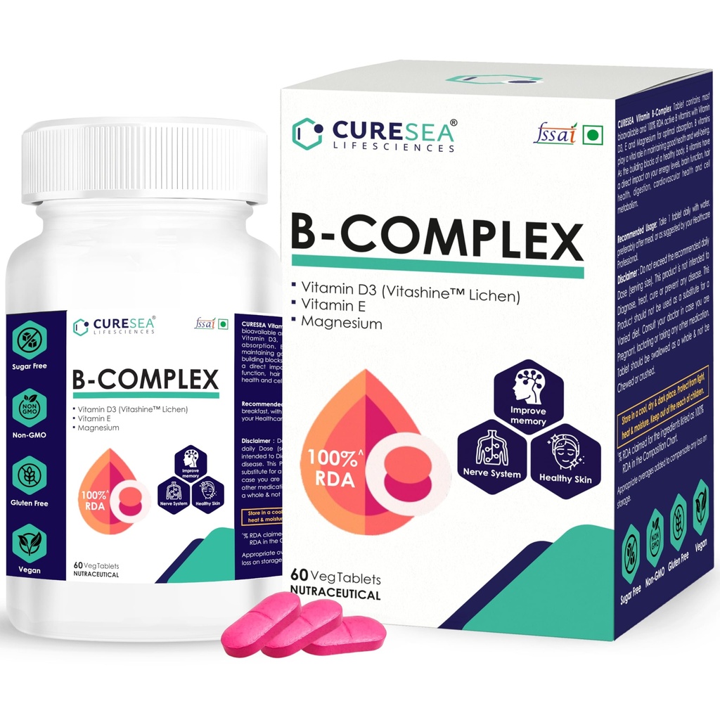 Vitamin B Complex 100% RDA B1, B2, B3, B5, B6, B7, B9, B12 with D3, E & Magnesium | Youthful Skin, Energy & Immunity Support | For Women & Men - 60 Veg Tablets