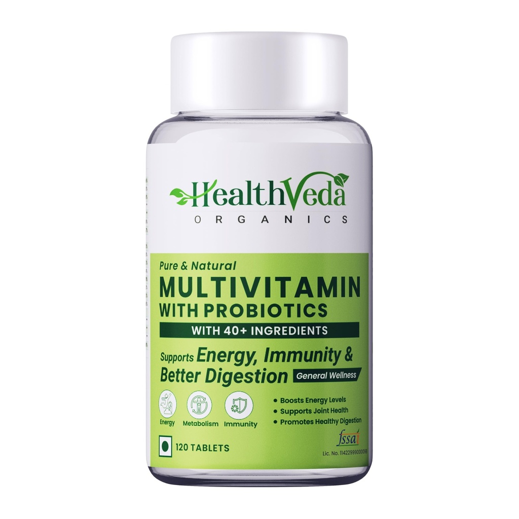 Health Veda Organics Multivitamin with Probiotics | 120 Tablets | 45+ Ingredients for Daily Energy, Immunity & Gut Health Support | For Men & Women