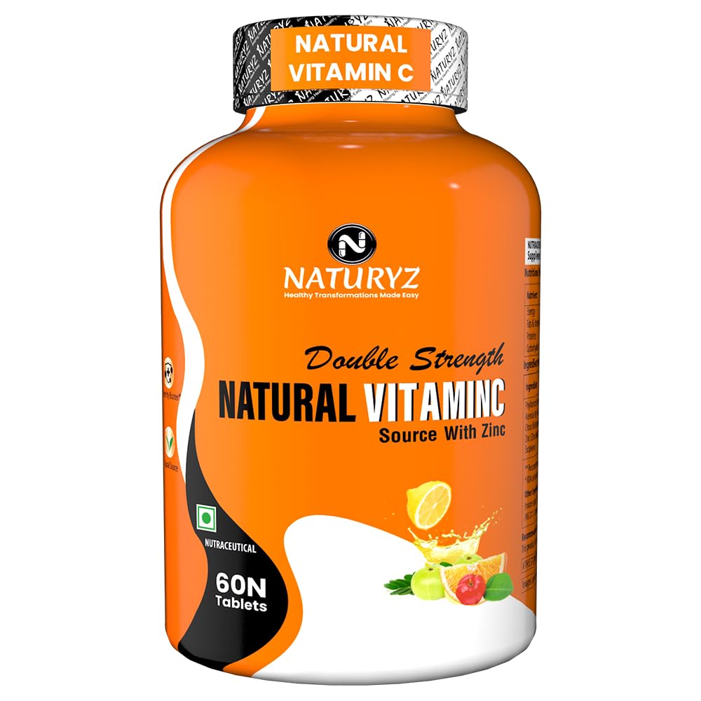 Naturyz Double Strength Natural Vitamin C & Zinc Supplement 1250 mg with Amla, Acerola Cherry, Citrus Bioflavonoids for Immunity Support & Skincare (60 Vegetarian tablets)