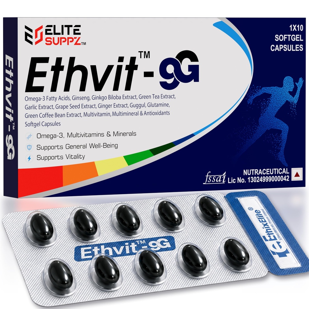 Ethvit-9G Softgel 10 Capsules | Omega-3 Fatty Acids (EPA & DHA), Panax Ginseng, Ginkgo Biloba, Green Tea & Grape Seed Extract | Multivitamin with Vitamin C, D3, B1, B6, B12, Folic Acid, Biotin & Vitamin K2-7 | Multimineral, Probiotic & Antioxidant Supplement