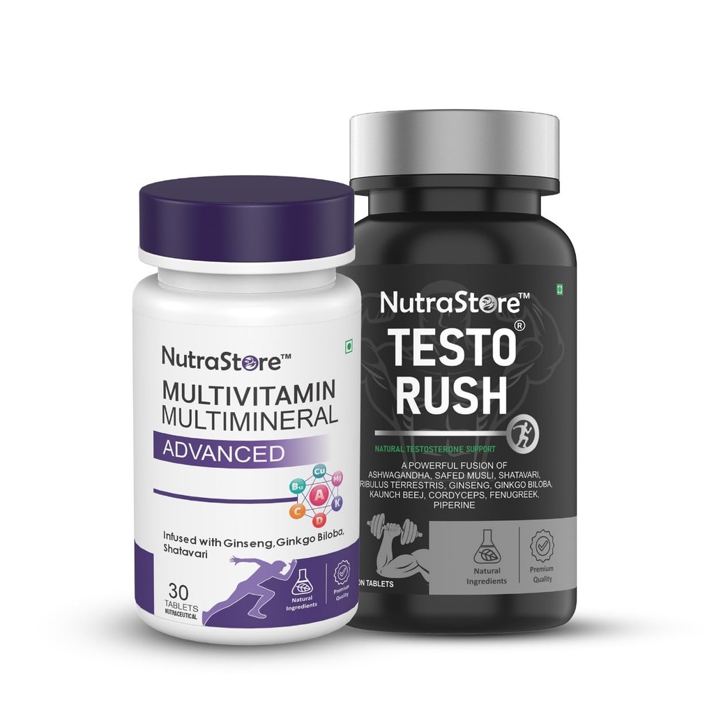 NutraStore TestoRush & Multivitamin Advanced Combo | Testosterone Support with 10 Herbs | Multivitamin Supplement for Men & women with Ginseng, Ginkgo Biloba & Shatavari | Helps Maintain Vitality & Wellness | 90 Veg Tablets