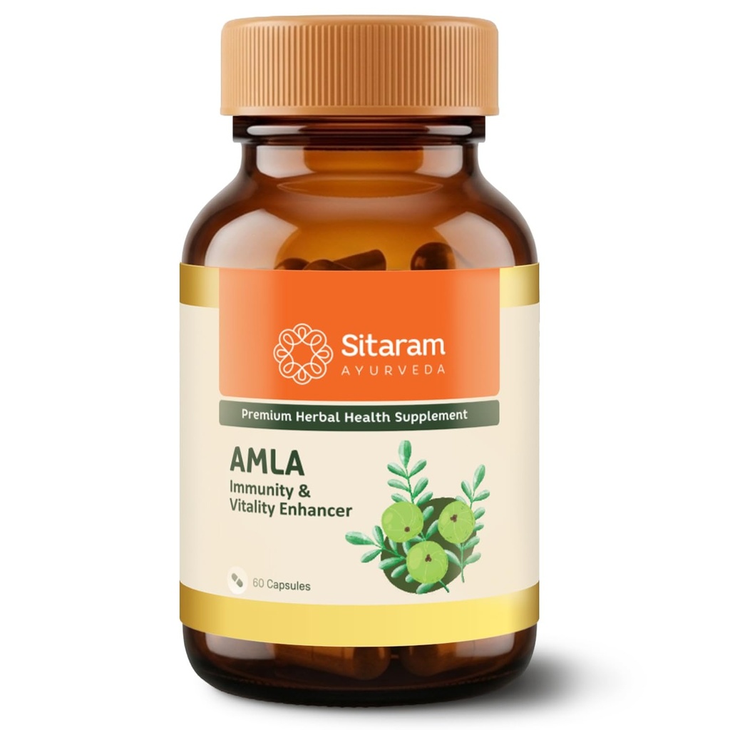 Sitaram Ayurveda Amla Capsule | Ayurvedic Vitamin C Rich Herbal Supplement | Supports Immunity, Antioxidant Activity, Heart, Gut, Hair & Skin Health | Vegan | 60 Nos