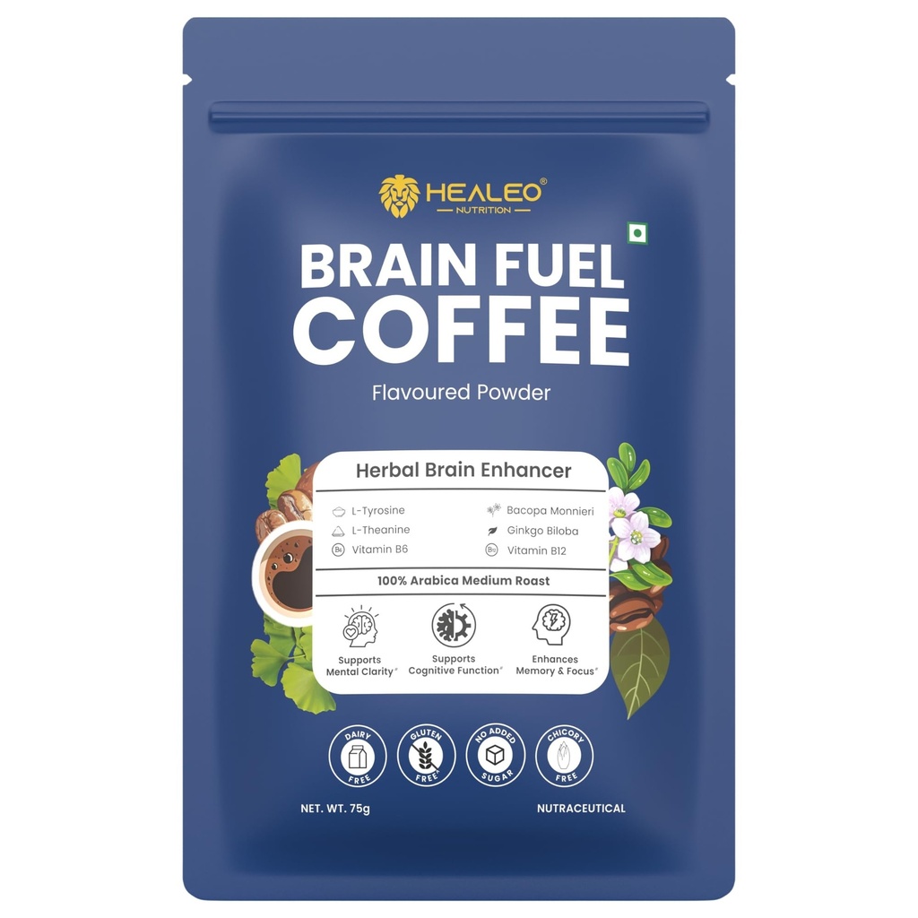 Healeo Brain Fuel Coffee 75g – Herbal Brain Enhancer with L-Tyrosine, L-Theanine, Bacopa, Ginkgo Biloba, B6 & B12 – Enhances Memory, Focus, Clarity – 100% Arabica Medium Roast – No Jitters