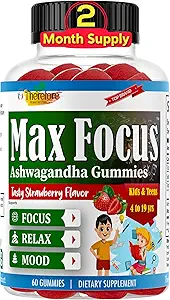 C'est pourquoi Max Focus Ashwagandha Calme & Focus Gummies pour les enfants et les adolescents, Soutien Calme Mood, Relaxation, Anti Stress, Mémoire, Énergie, Relaxation, Vegan à faible sucre, Fruité Aromatisé- 60 Gummies
