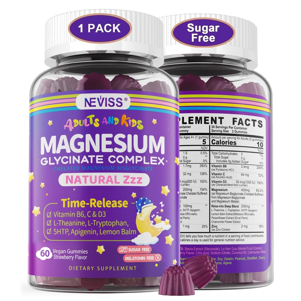 Magnesium Glycinate Gummies voor volwassenen & kinderen 4+, Suikervrij Magnesium Bisglycinate Supplement 400/200mg met B6D3, 5HTP, L-Theanine voor Slaap & Relaxatie, Hersenen, Spier, Melatonine Vrije Gummies,1Pack