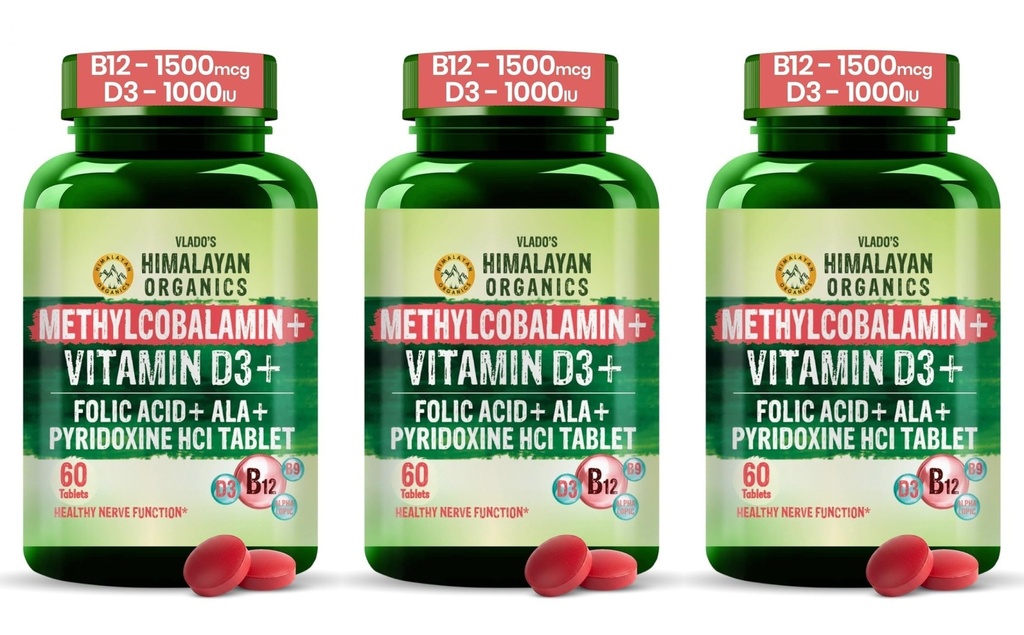 Vlado's Himalayan Organics Vitamin B12 1500mcg with D3 | Methylcobalamin Coenzyme Formula with Alpha Lipoic Acid & Folic Acid | Complete Nerve, Energy & Brain Supplement | 60 Tablets, Pack of 3