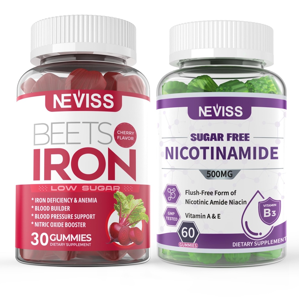 NEVISS supplément de fer végétalien, doux fer + sans sucre Nicotinamide 500mg Gummies