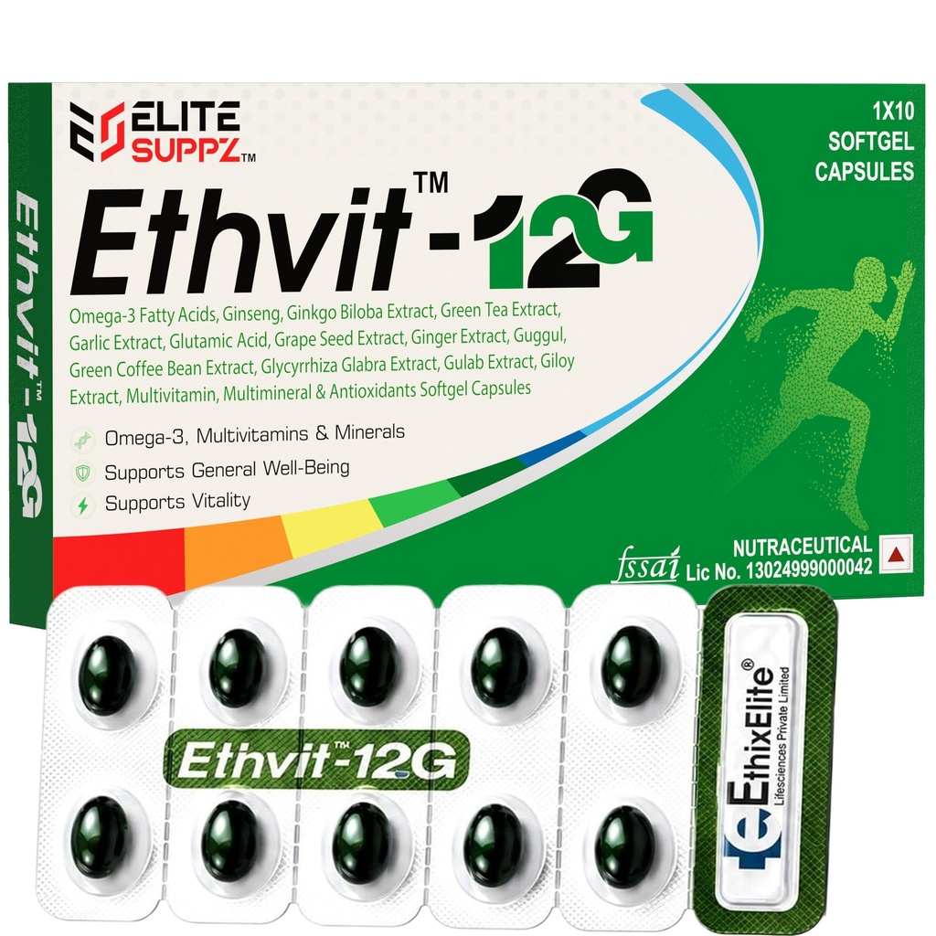 Ethvit-12G, 10 Softgel Capsules | Omega-3, Ginseng, Ginkgo Biloba, Green Tea, Giloy, Garlic, Multivitamin, Multimineral & Antioxidants | Daily Nutritional Supplement for General Wellness