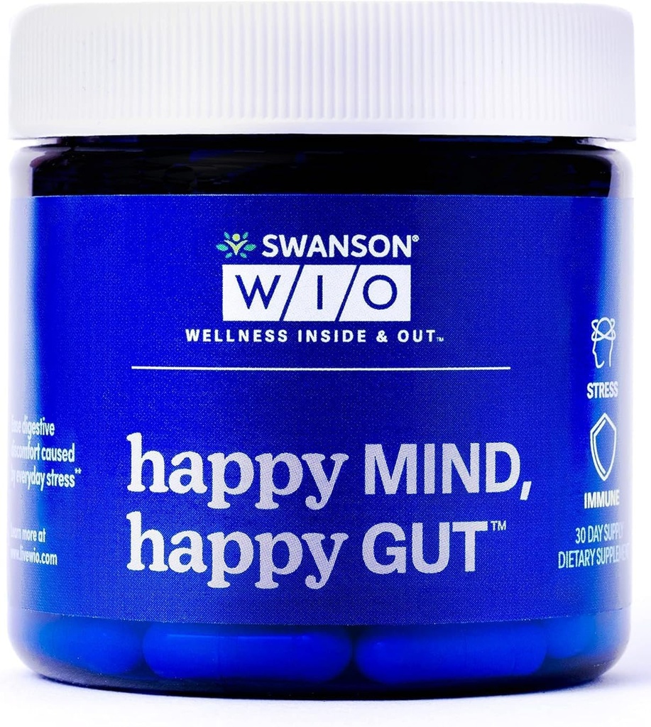Swanson WIO Happy Mind, Happy Gut Stress Support, Digestieve Ondersteuning, Probiotica Promote Gut Microflora, Beter, Cognitieve Gezondheid, Wellness, 30 Veggie Capsules (30-Dag Supply)