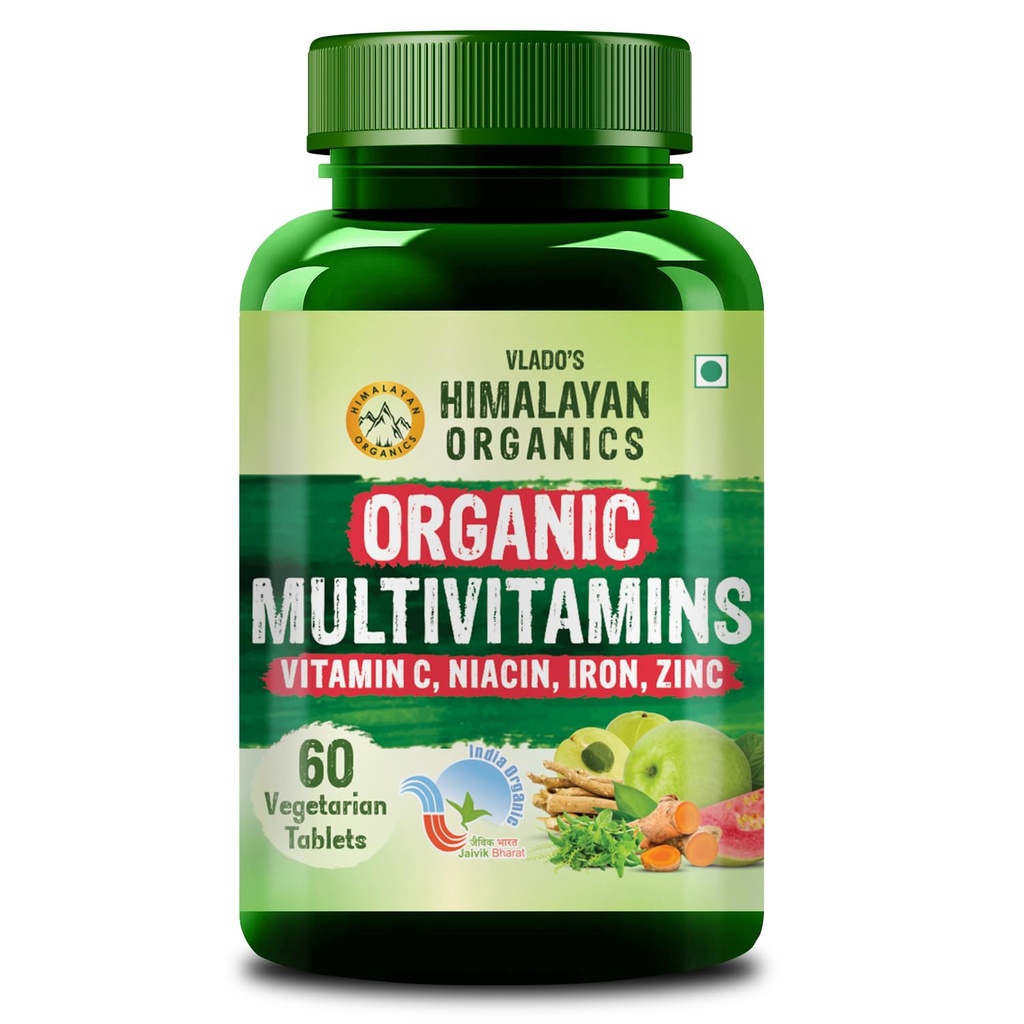 Vlado's Himalayan Organics - Organic Multivitamins with Iron ,Zinc ,Vitamin B3, C ,Organic Ashwagandha , Tribulus & Turmeric - 100% Organic , Non-Synthetic - for Immunity, Engergy stamina , Hair, Skin & Bones - 60 Veg Tablets