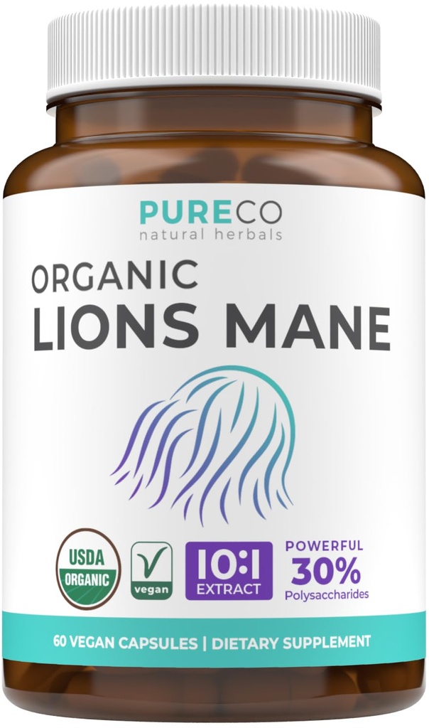 Organische Lions Mane Supplement Capsules - USDA Biologische Paddestoel Supplement Capsules met 1000 mg Lion's Mane 10:1 Extract per portie met 30% Polysacchariden - Vegan & Non-GMO (1 maand levering)