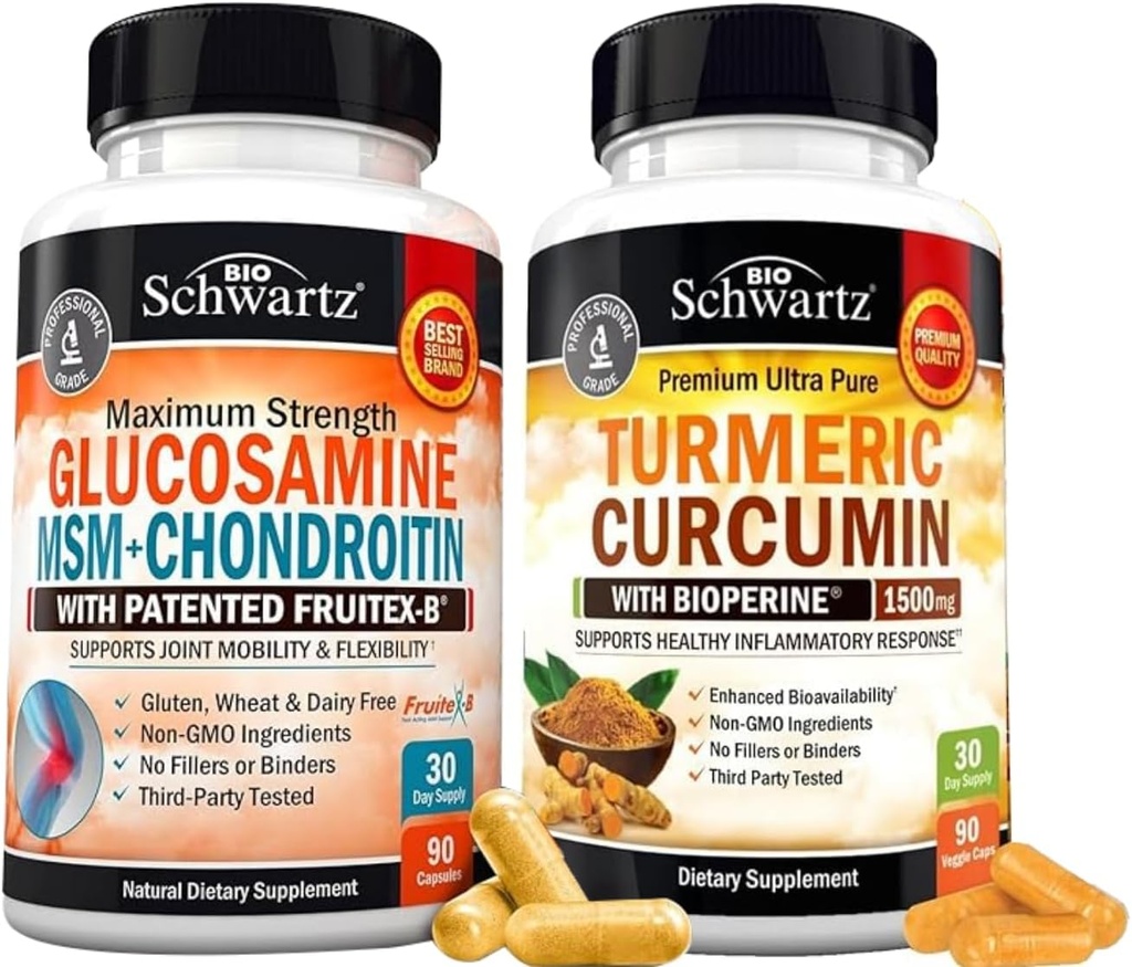 BioSchwartz Kurkuma Curcumine met Black Pepper Extract 1500mg Complex (1 maand Supply) Plus Glucosamine Chondroitin MSM Triple Strength Joint Support Supplement (1 maand Supply)