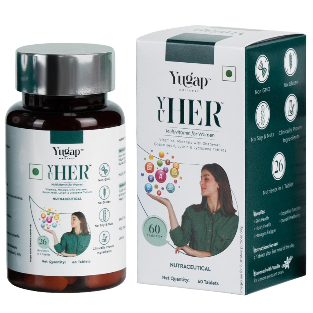 YuGap YuHer Multivitamin Tablets for Women With 26 Super Nutrients including Zinc,Magnesium,Vitamin A,B1,B2,B3,B6,B12,C,D,E Calcium for Energy, Immunity, Skin And Hair Care,Strong Bones and Overall Health (60 tablets)