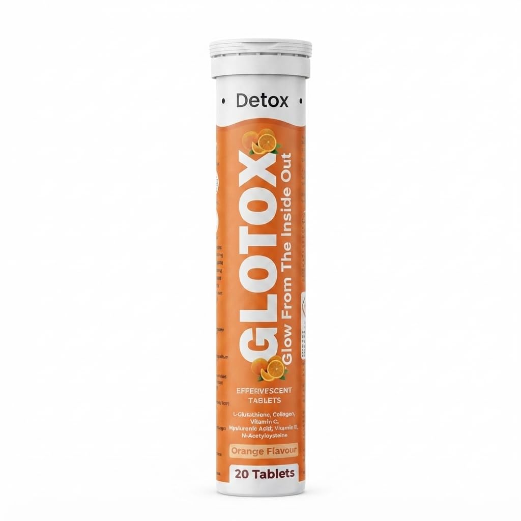 GLOTOX L Glutathione 500 mg Effervescent Tablets | Collagen 500 mg | Vitamin C | Hyaluronic Acid | Vitamin E | NAC | Orange Flavour | Dietary Supplement | 20 Tablets Pack of 1