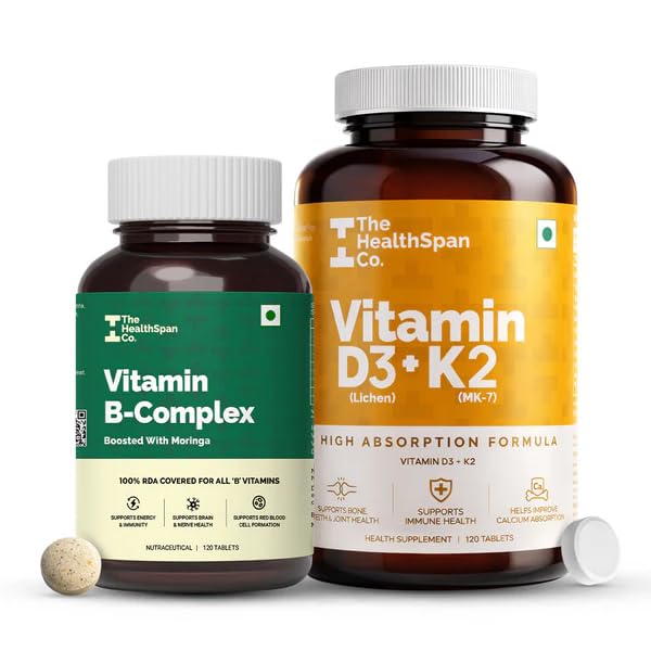 The Healthspan Co. Vitamin D3 K2 (MK7) 600 IU & Vitamin B-Complex with Moringa – 120 Veg Tablets Each | Supports Bone Strength, Immunity & Energy | Daily Wellness Supplement for Men & Women