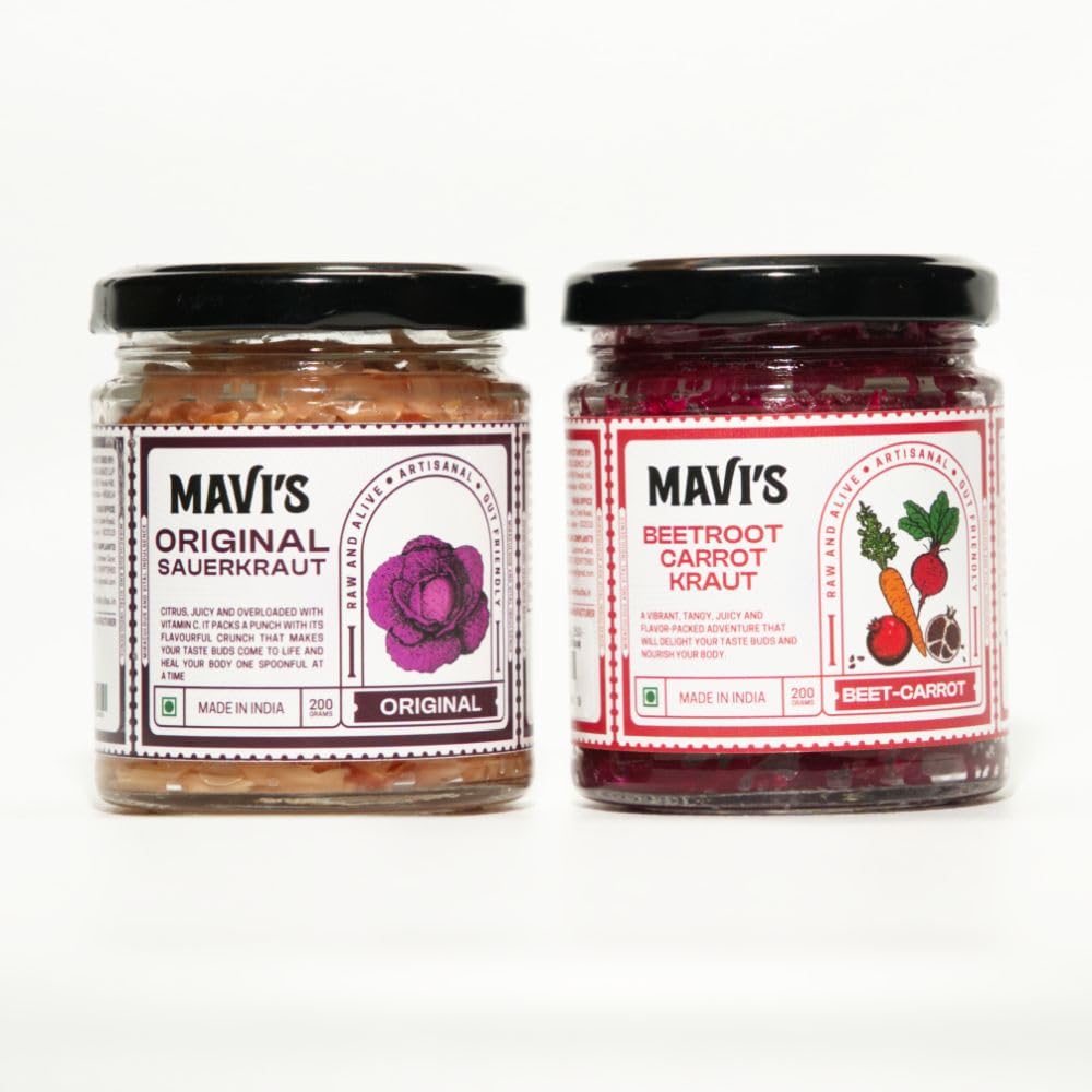 MAVI's Sauerkraut | Original Sauerkraut and Beetroot Carrot Kraut | Combo Pack of 2 | 200g each | No Preservatives | Organic and Vegan | No Artificial Flavour or Colour