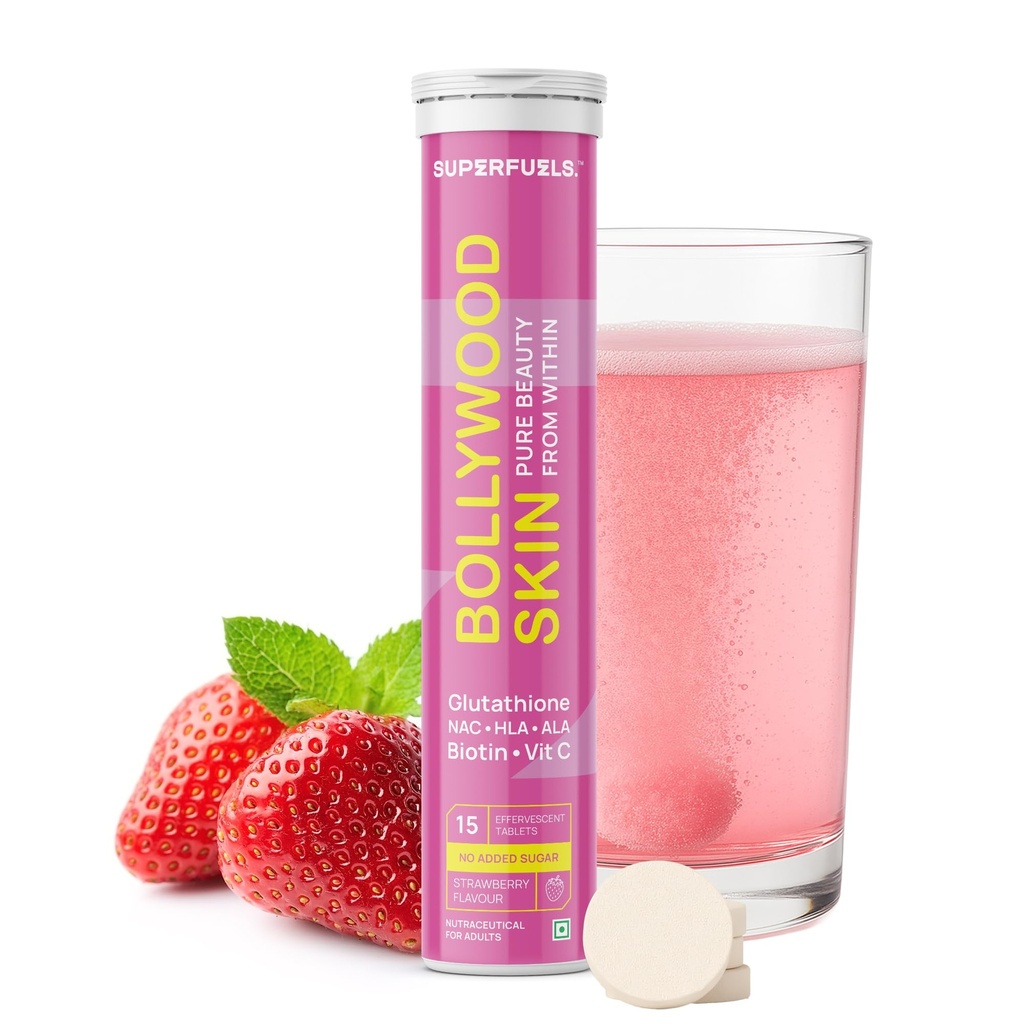 SUPERFUELS Bollywood Skin 500mg L Glutathione Tablets with HLA & ALA | Glowing Skin & Hair | Vitamin C, E, NAC & Biotin | Strawberry Flavor | No Added Sugar | 15 Effervescent Tablets