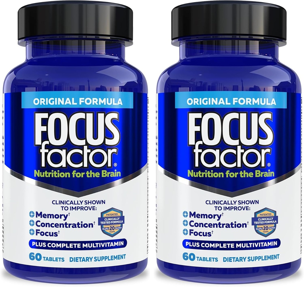 Facteur de concentration Nutrition du cerveau, amélioration de la mémoire et de la concentration Supplément cérébral, multivitamine complète avec les vitamines B6, B12, D, Bacopa Monnieri & Tyrosine, 60 Compte (paquet de 2)