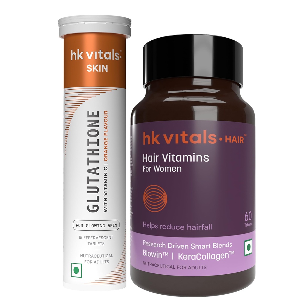 hk vitals Glutathione, Orange, 15 Effervescent Tablets + Hair Vitamins