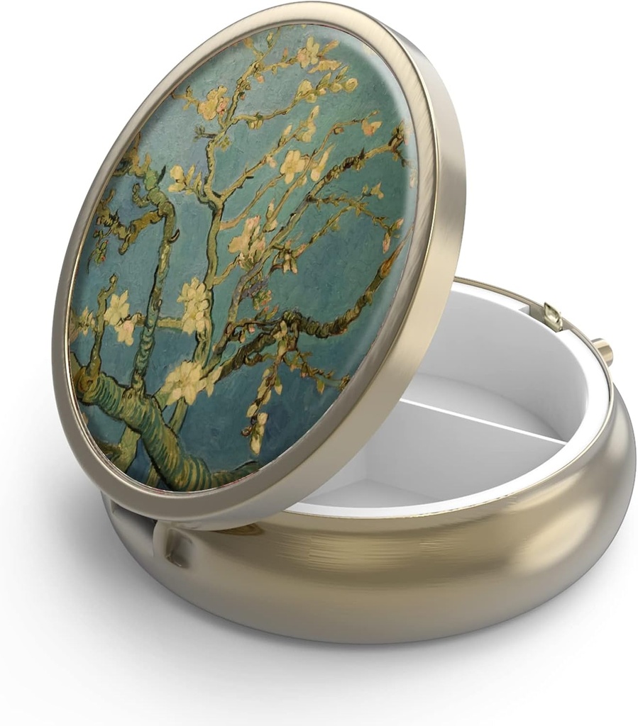 Pill Case Pill Box met Mirror Retro 3 Compartiment Kleine pil Case voor Purse of Pocket Bronze Small Roud Pillen Box of Vitaminen, Visolie, Supplementen, Pill Bevat reizen geschenken( Vangogh Art)
