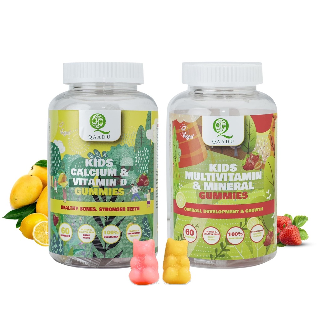 Kids Multivitamin with Minerals Gummies + QAADU Calcium & Vitamin D Gummy 60pc Combo for Healthy Bones, Growth | Kids Multivitamin Supplements, Nutrients Booster