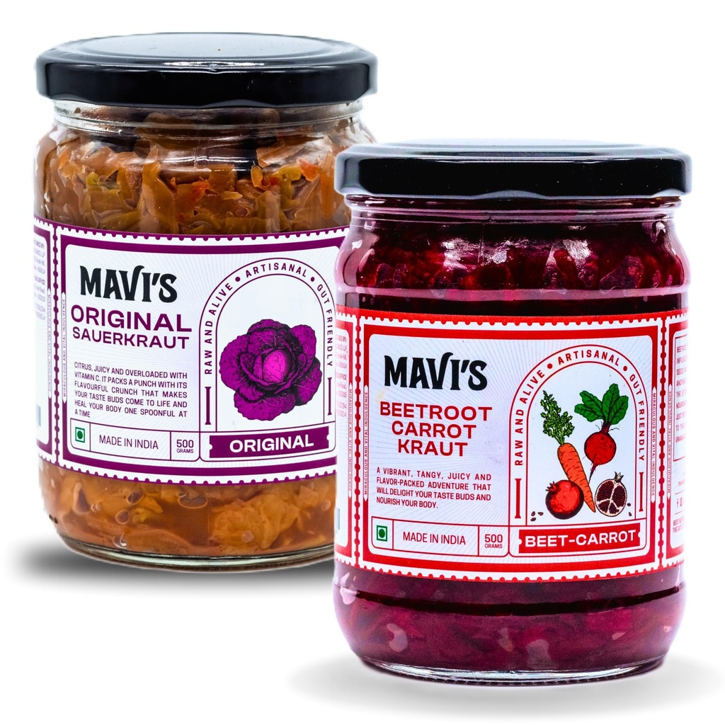 MAVI's Sauerkraut | Original Sauerkraut and Beetroot Carrot Kraut | Combo Pack of 2 | 500g each | No Preservatives | Organic and Vegan | No Artificial Flavour or Colour