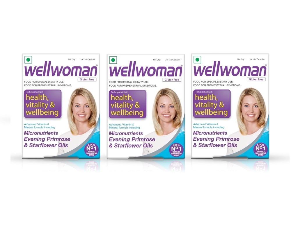 Wellwoman Multivitamin 30 Capsules for Women, Evening Primrose Oil, Magnesium, Vitamin C, B6, Folic Acid, Supports Immunity, Reduces PMS & PCOS Symptoms, Non-Vegetarian, Pack of 3
