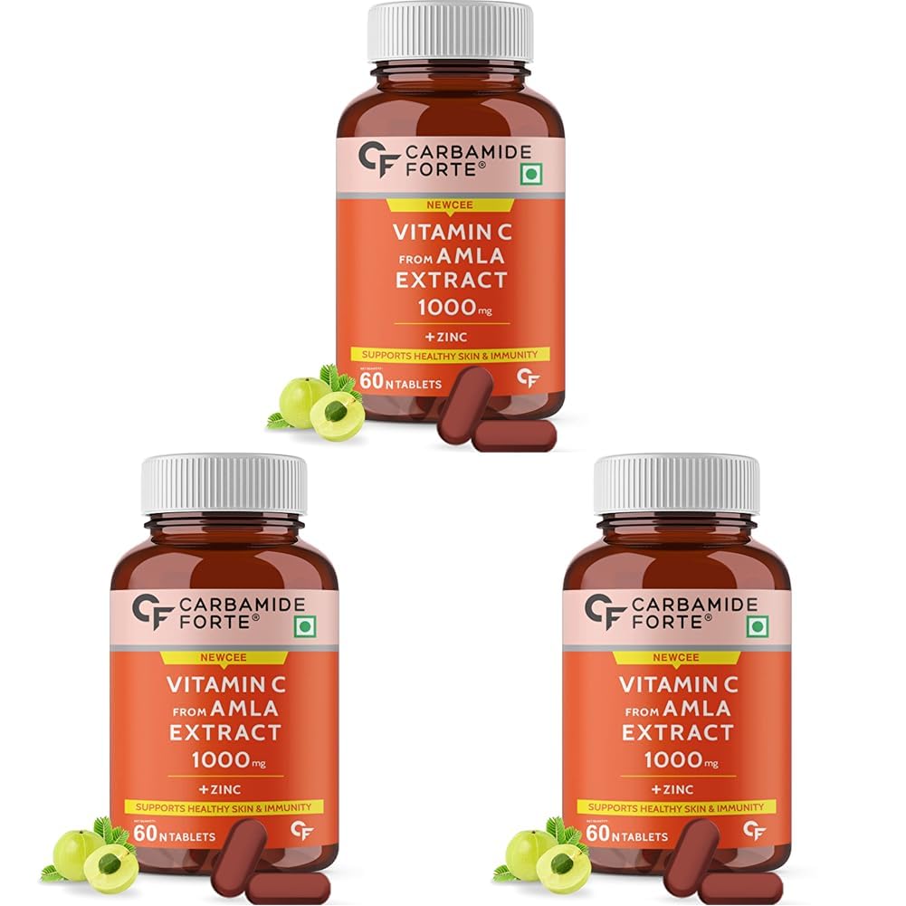 Carbamide Forte Natural Vitamin C Amla Extract 1000mg with Zinc for Immunity Boost & Skincare - 60 Veg Tablets (Pack of 3), 540 Grams